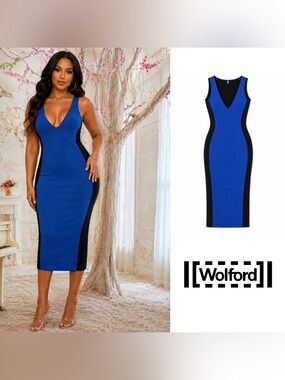Wolford Royal Blue and Black Contour V-Neck Midi Dress